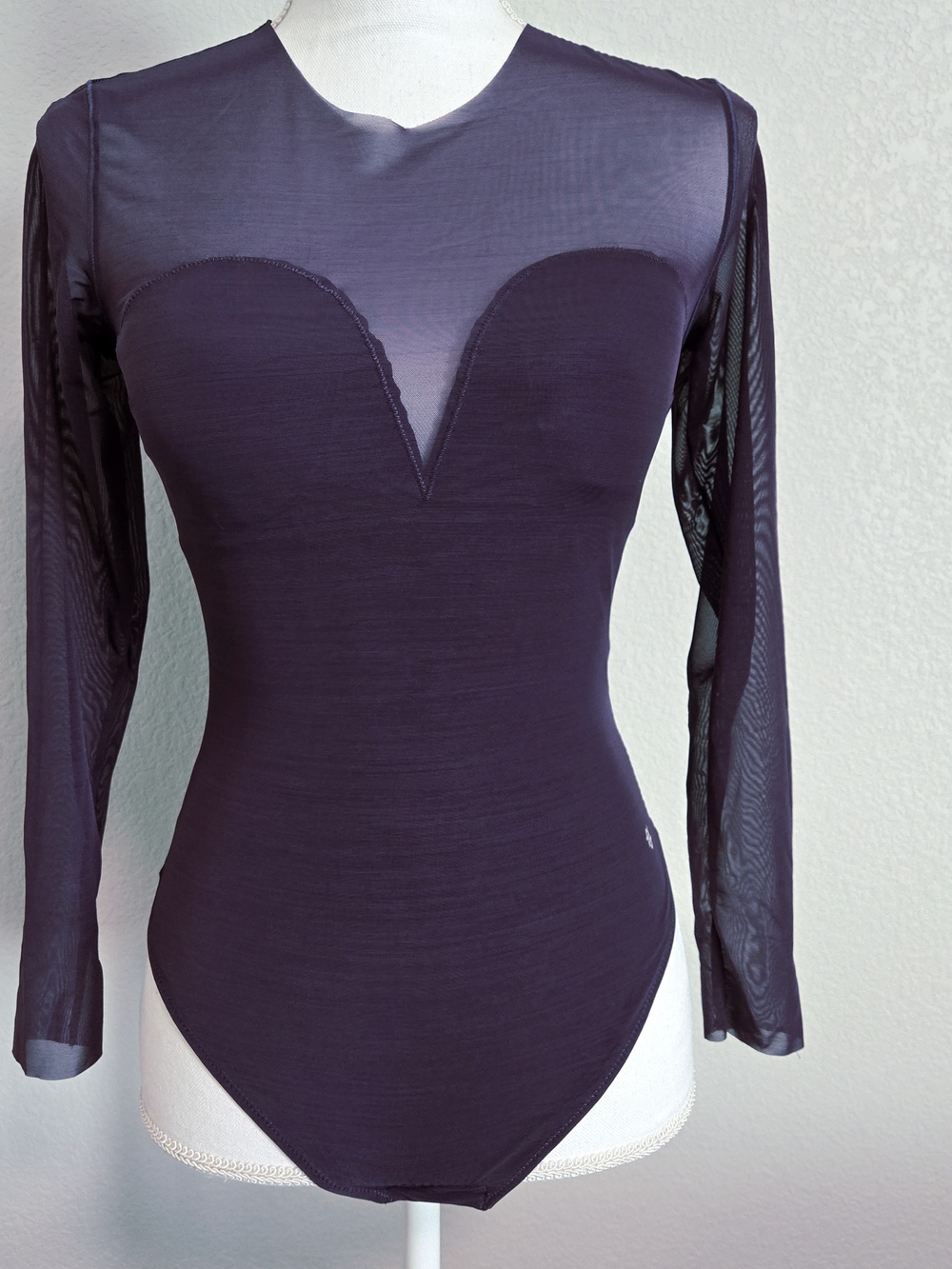 Popilush Dark Purple Mesh Illusion Long Sleeve Bodysuit | Size S